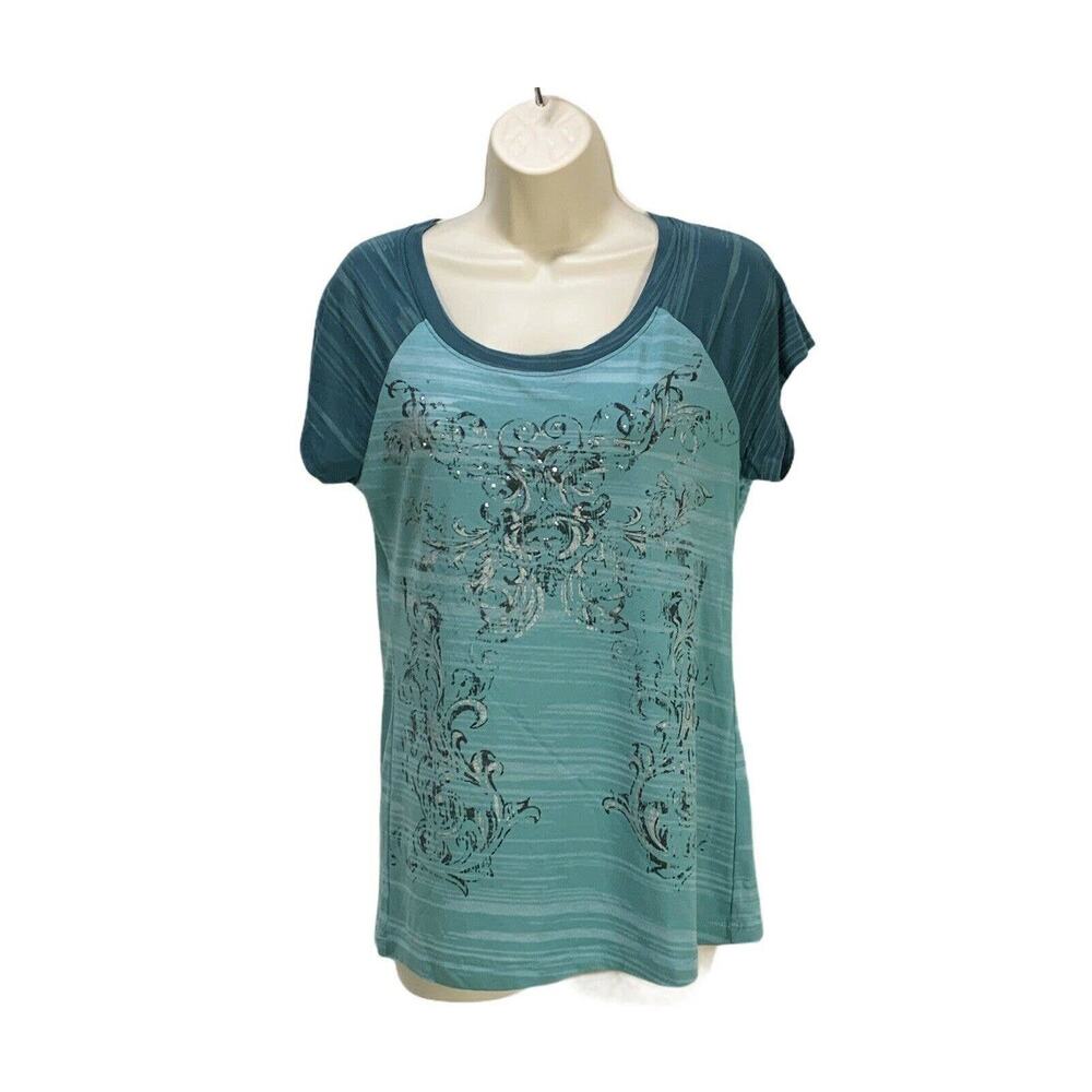 Madison & Berkeley Womens Embellished Top Size Small Blue Green Shirt